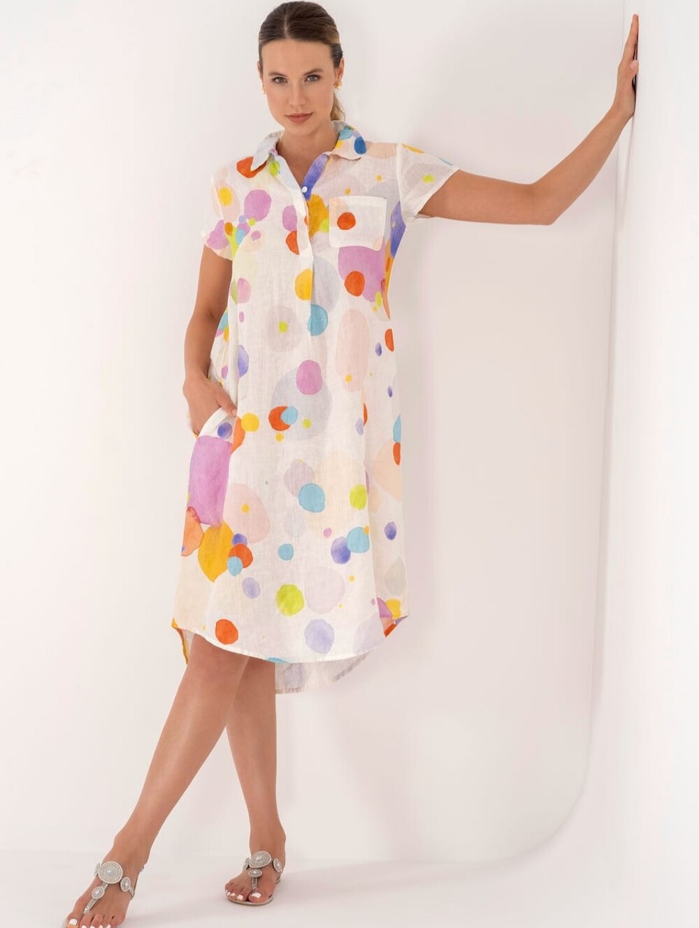Simply Art By Dolcezza Pure Linen Colorful Bubbles Dress L